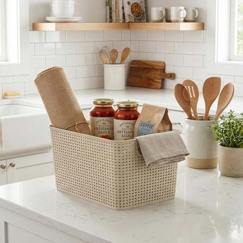 BINO | Plastic Storage Baskets, 22 Liter - 3 Pack, Natural | THE WOVEN COLLECTION | Storage Basket for Shelves | Woven Storage Baskets for Organizing Bins | Pantry Shelf Organizer | Container Bin - color: Natural, size: 22L | 3-Pack