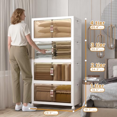 UAMFURI Extra Large Stackable Storage Bins with Lids & Wheels, 672QT-168QT/42GAL*4Pack Foldable Collapsible Closet Organizers Storage Cabinet with Doors for Bedroom Dorm - color: white, size: 4PACK-30"W20"D65"H