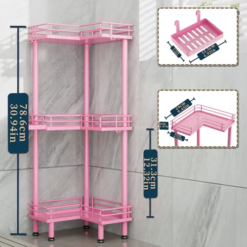 Consumest Corner Shower Caddy Standing - 3-Tier Stainless Steel Shower Organizer with Soap Holder and 4 Hooks, Large Capacity Corner Shelf Stand for Bathroom, Rest Room, Pink - color: Pink, size: 3 Tier