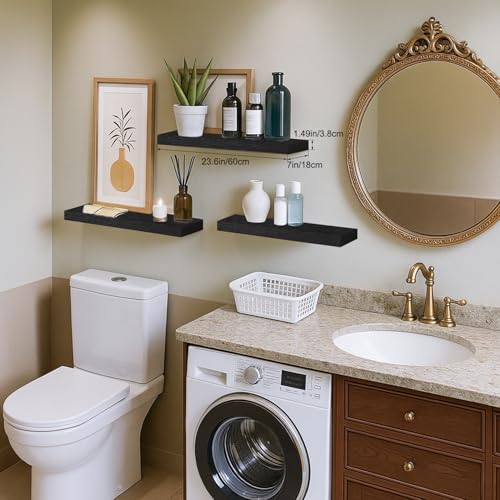 Floating Shelves for Wall, Bathroom Shelves Over Toilet, Wall Shelves & Book Shelf for Room, Hanging Shelf, Modern Wooden Mounted Floating Shelves, 24x7x1.5 in (Black, Set of 3) - color: Black, size: 24"(set of 3)