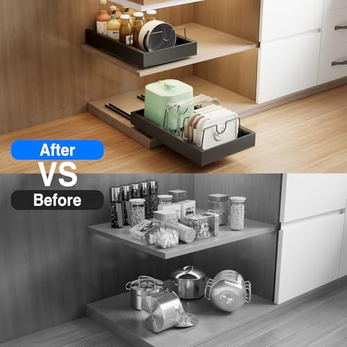 Mustorn 2 Pack Pull Out Cabinet Organizer with 8 Dividers,21.8" Deep Slide Out Drawers for Cabinets Adhesive Pull Out Drawers Heavy Duty Pull Out Shelves for Kitchen, Cupboard, Pantry, Bathroom-Black - color: Black, size: 21.8"D*12"W*2.95"H