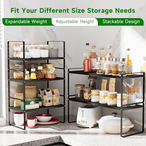 Expandable Kitchen Cabinet Shelf Organizer Rack Heavy Duty Metal Spice Rack Stackable Kitchen Counter Storage Shelf for Kitchen Cabinet Pantry Bathroom (Black - 16.5"-27" L x 10.2" W x 9.6" H - 2Pack) - color: Black - 16.5"-27" L x 10.2" W x 9.6" H - 2Pac