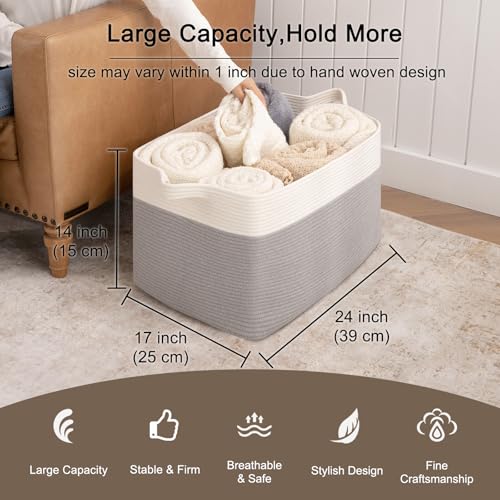 OIAHOMY Extra Large Blanket Basket, 95L Cotton Rope Woven Laundry Basket, Toy Bin for Baby Room, Container for Blanket Storage in Living Room, 24''×17''×14'', Grey & White - color: Grey & White, size: 95L