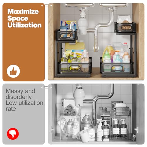 2 Pack 15.7IN-Depth Under Sink Organizer With Smooth Cylindrical Rail,2-Tier Pull Out Multi-Purpose Cabinet Storage for Bathroom&Kitchen,Height Adjustable,Rust-resistant Coating-Black - color: Black, size: 2 Pack-15.7"Dx11"-16.14"H