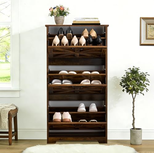 Shoe Storage Cabinet with 3 Flip Drawers, Farmhouse Shoe Organizer with Barn Door Design, Space-Saving Hidden Narrow Shoe Rack Cabinet for Entryway, Hallway & Foyer，Brown - color: Brown, size: 1 pcs-3 Flip Drawers
