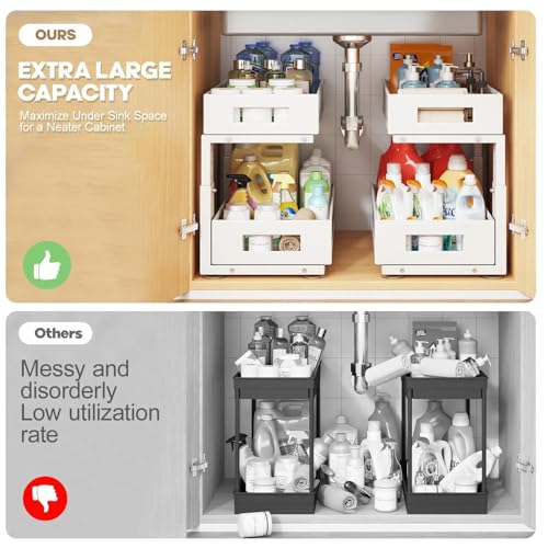 2 Packs 17IN Depth Under Sink Organizer, 2-Tier Pull Out Cabinet Organizer With Smooth Circular Rail, Large Capacity Metal Mesh Sliding Drawers For Bathroom& Kitchen Storage,Height Adjustable –White - color: White, size: 2 Pack-17"Dx11.6"-16.7" H