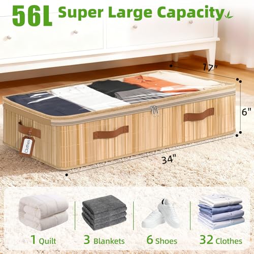 Livole Bamboo Under Bed Storage, 6 inches Underbed Storage Containers, 56L XXL Under Bed Storage Bins with Clear Lid & Label for Clothes, Blankets, Sweater, Shoes, 1 Pack - size: Standard - 6"H