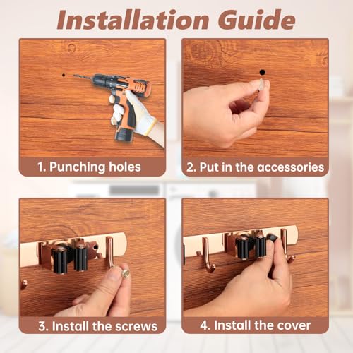 3 Racks and 4 Heavy Duty Hooks Mop and Broom Holder Wall Mount, Stainless Steel Broom Organizer Storage Utility Tool Racks for Home, Kitchen, Garage, Laundry Room. Rose Gold - color: Rose Gold