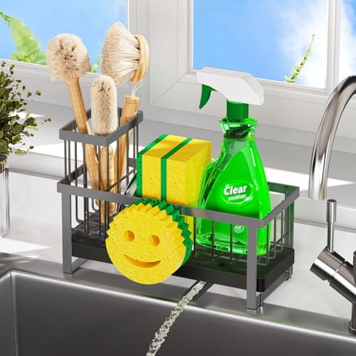 Sponge Holder for Kitchen Sink,Sink Caddy with Removable Dish Brush Holder,Self-Draining Kitchen Countertop Organizers and Storage Essentials,Soap Dispenser Organize and Home Decor-Gray - color: Gray-Tray