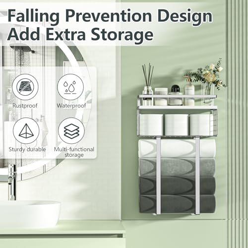 Towel Racks for Bathroom, Bathroom Shelf Over Toilet,Floating Shelves with Towel Rack Paper Holder Storage Basket,Floating Shelves for Wall Decor,Silver - color: Silver, size: Large