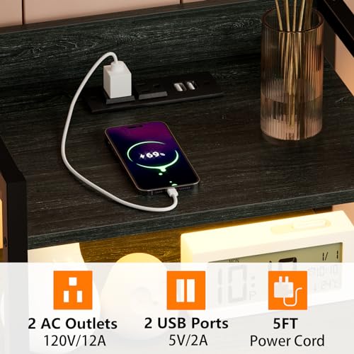 Furnulem Night Stand with Charging Station, Tall Black Dresser for Bedroom, Nightstand with Led Light, Bed Side Table for Living Room, Fabric Storage Drawer, Metal Frame, Wood Furniture - color: Black Oak, style: 5 Drawer