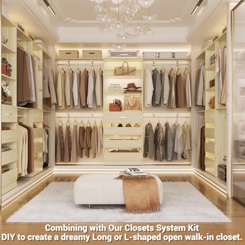 Aheaplus Closet System with Drawers Set of 2, Wood Closet Organizer System with 8 Hanging Rods & Top Shelves, Walk-in Closets Organizer Wardrobe Clothes Rack, Cut Fits Spaces 4-9FT. Wide, White Oak1 - color: White Oak