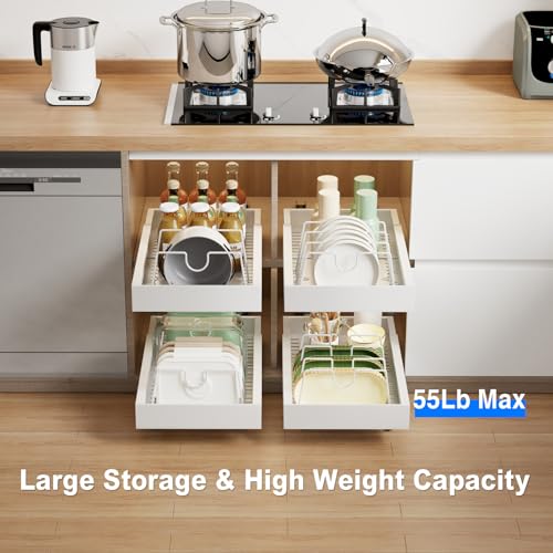 Mustorn 2 Pack Pull Out Cabinet Organizer with 8 Dividers,21.8" Deep Slide Out Drawers for Cabinets Adhesive Pull Out Drawers Heavy Duty Pull Out Shelves for Kitchen, Cupboard, Pantry, Bathroom-White - color: White, size: 21.8"D*12"W*2.95"H