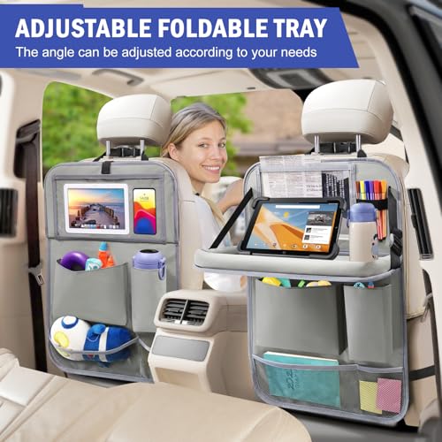 2Pack Car Backseat Organizer with Foldable Table Tray,6 Storage Pockets Car Storage Organizer with Tablet Holder,Car Seat Back Protectors Kick Mats Travel Accessories (Grey) - color: Grey, size: 2 Pack with Food Tray