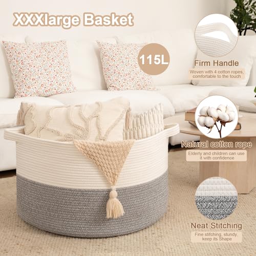OIAHOMY 115L Extra Large Blanket Basket, 23.6" x 15.4" Woven Cotton Rope Laundry Basket for Organizing Pillows, Decorative Stuffed Animal Toy Storage Bin for Nursery, White and Light Grey - color: White and Light Grey, size: 23.6"D x 15.4"H