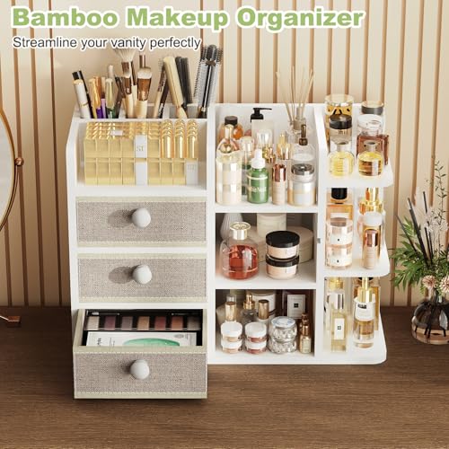 Large Makeup Organizer Countertop With Brush Holder Drawer For Vanity,Bamboo Bathroom Counter Organizers And Storage,Cosmetic Skincare Perfume Organizer,Easy To Store Nail Polish, Lipstick, Eyeshadow - color: White Bamboo