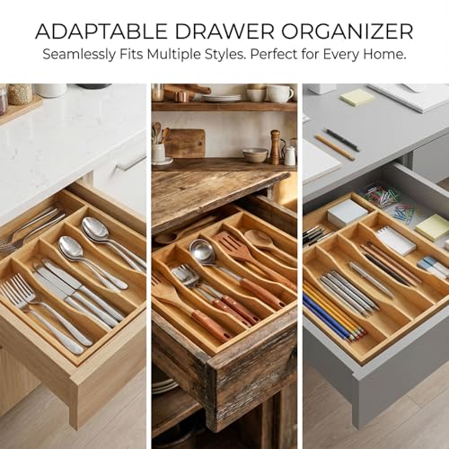 Krismax Bamboo Silverware Drawer Organizer，5 slots Wood Storage Containers, Junk Drawer Divider Organzers, Untensils Cutlery Tray, Kitchen Flatware