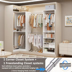 Closet System with 2 Sets, 55" Closet Organizer System with 5 Hanging Rods& Adjustable Shelves,Walk in Closet Corner Free Standing Closet System, Modular Closet System, White