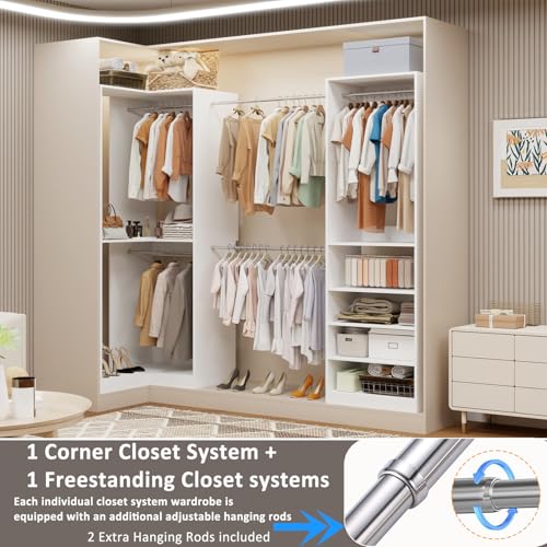 Closet System with 2 Sets, 55" Closet Organizer System with 5 Hanging Rods& Adjustable Shelves,Walk in Closet Corner Free Standing Closet System, Modular Closet System, White