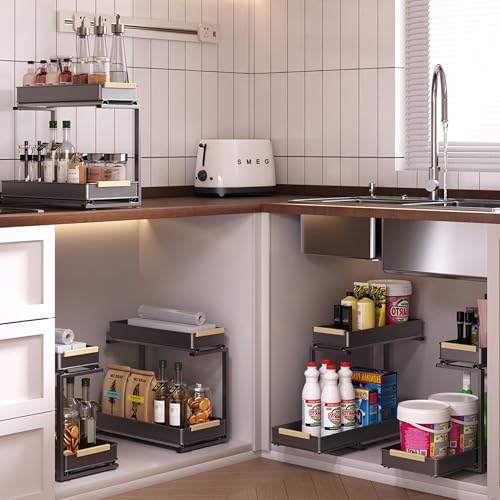 AndUp Under Sink Organizer, 2 Tiers Pull Out Bathroom Organizers and Storage, Slide Out Cabinet Organizer Shelf for Kitchen Bathroom, Multi-Purpose Collection Organizer Drawer Shelf (Gray, 2pcs) - color: Gray, size: 2pcs