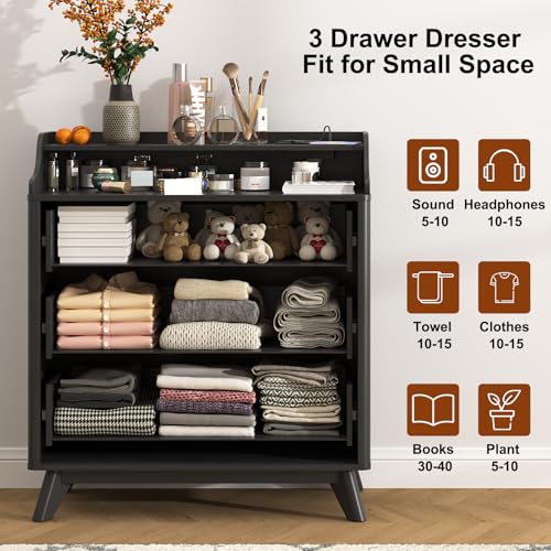 3 Drawer Dressers for Bedroom, 32" Large Wood Dresser w/Charging Station, Open Shelf Top, Pre-Installed Slides, Wide Modern Dressers with 3 Drawer Storage Organizer for Bedroom Living Room, Black - color: Black, size: 16"D x 32"W x 35"H (3 Drawers)