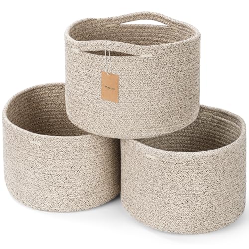Small Rope Baskets for Storage, Baskets for Gifts Empty, Cute Round Woven Basket, Decorative Shelf Baskets 9.82×9.82×7.1", Cotton Toy Basket Storage Bins for Organizer 3 Packs-Brown - color: Brown-3PCS