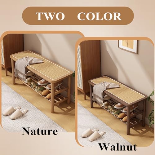 Bamboo Shoe Rack Bench with Rattan Seat, 3-Tier Shoe Storage Bench, Entryway Bench for Hallway, Walnut-31.5 inches - color: Walnut, size: 31.5 inch