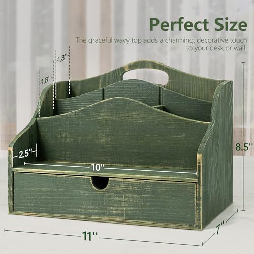 Pine Wood Mail Organizer for Desk - Rustic Style Mail Sorter Countertop Organizer for Files, Letters & Small Items - Farmhouse Letter Holder with Drawer for Office Desk & Home Decor (Green) - color: A-Green
