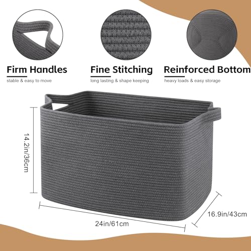 OIASKET 95L Extra Large Blanket Basket, 24" x 16.9" x 14.2" Woven Storage Basket for Living Room, Nursery Blanket Storage for Toys, Towels, Dirty Clothes (Grey) - color: Grey, size: 24"x16.9"x14.2"