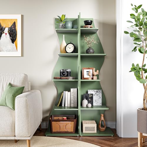 LITTLE TREE Small Corner Shelf, Modern 5-Tier Wall Corner Bookshelf, Stylish Bookcase Storage Rack for Small Space, Living Room, Bedroom, Green, 2 Pack - color: Green, size: 2 Pack