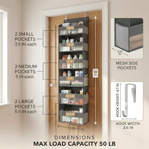 HOMELUX THEORY UPGRADED 6 Tiers Over The Door Organizer Hanging - 100D EXTRA THICK & 50lbs HUGE CAPACITY, 12 Side Mesh Pockets Over The Door Shoe Organizer, Hanging Closet Organizer (Dark Gray, 1pc) - color: 3. Dark Gray, size: Standard 1 set