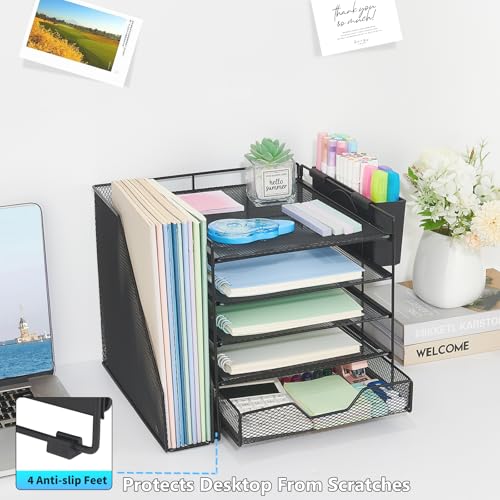 Desk Organizer, 5-Tier Paper Letter Tray Organizer with File Holder, Drawer and Pen Holder, Desktop Organizer for Office Supplies, Black - color: Black