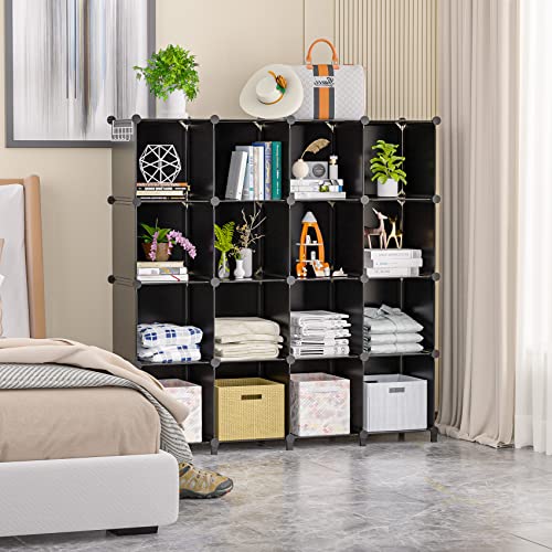 Neprock 16 Cubby Storage Organizer, Closet Clothes Storage Organizer, Cube Shelves Closet Organizers and Storage Shelves for Clothing Storage with Hammer, Bookshelf for Kids（Black） - color: Black