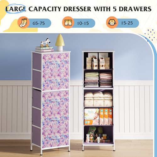 WLIVE Fabric Dresser, 5-Drawer Tall Dressers for Bedroom, Storage Dresser Organizer with Fabric Bins, Wood Top, Sturdy Steel Frame, Chest of Drawers for Closet, Tie-dye Print (Pink, Purple, Blue) - color: Tie-dye Purple Print