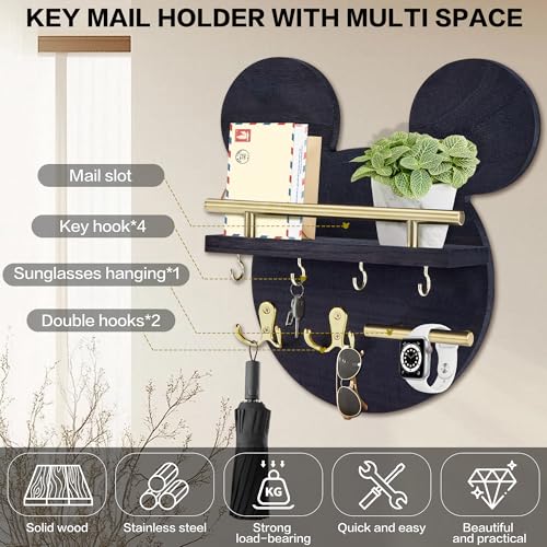 AIRPOP Key Holder for Wall–Mouse Wooden Mail Organizer Wall Mount with Shelf and 6 Hooks, Easy Installation Key Rack Hanger for Entryway Living Room Home Decor (Black) - color: Black