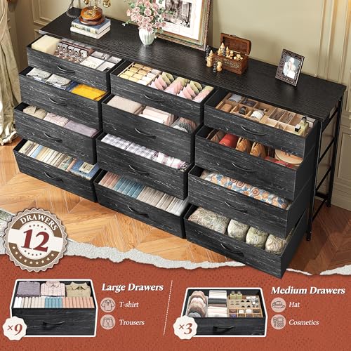 Romorgniz 55" Long Dresser for Bedroom with 12 Fabric Drawers, Entertainment Center for 60 inch TV Dressers & Chests of Drawers Large Organizer, Living Room, Metal Frame, Wood Top, Black - color: Black