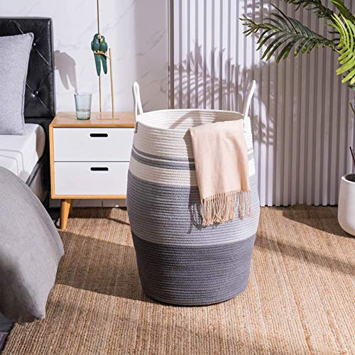 Cotton Rope Laundry Hamper by YOUDENOVA, 105L - Woven Collapsible Laundry Basket - Clothes Storage Basket for Blankets organizing, Bedroom Storage, Clothes Hamper – Grey - color: Dark Grey