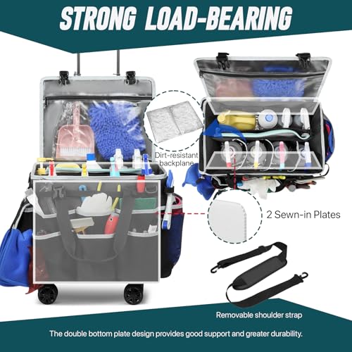 Large Rolling Cleaning Caddy Bag with Detachable Trolley, Full Support Plates for Professional Cleaning Supplies Bag, Organizer Bag with 4 Universal Wheels for Housekeepers, Car Wash - color: Gray