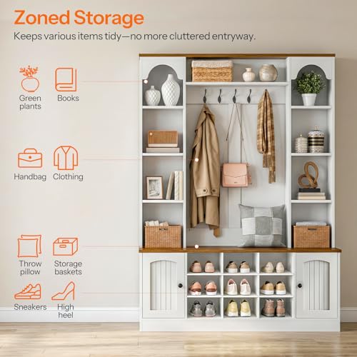 HOOBRO Hall Tree with Bench and Shoe Storage, 51" Entryway Bench with Coat Rack, Farmhouse Entryway Organizer with 5 Hooks, 8 Open Compartments, 9 Shoe Cubbies, for Hallway, White and Walnut WH180MT01