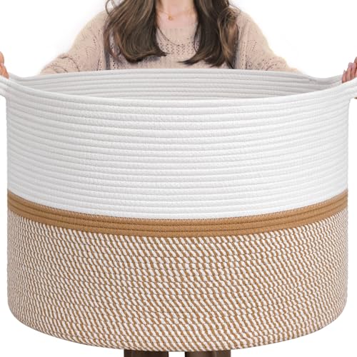 CHICVITA XXL Extra Large Blanket Basket, Cotton Rope Storage Basket for Organizing, Home Decor Woven Basket for Laundry Baby Nursery Decorative Toy Bin, White and Brown, 22" x 22" x 14" - color: White and Brown