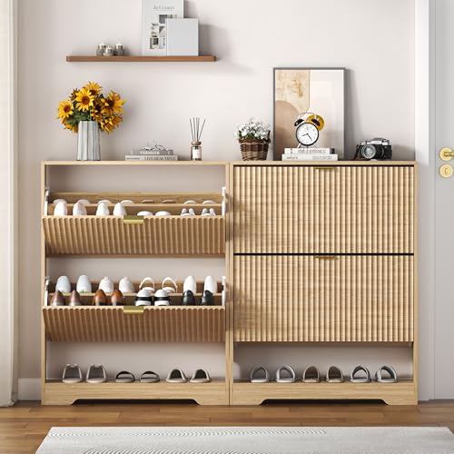 HUANLEGO Shoe Cabinet Storage for Entryway with 2 Flip Drawers, Fluted Shoe Cabinet with Open Storage, Wooden Hidden Shoe Rack Freestanding Narrow Slim Shoe Organizer for Hallway, Entrance - color: Oak, size: 2 Drawer