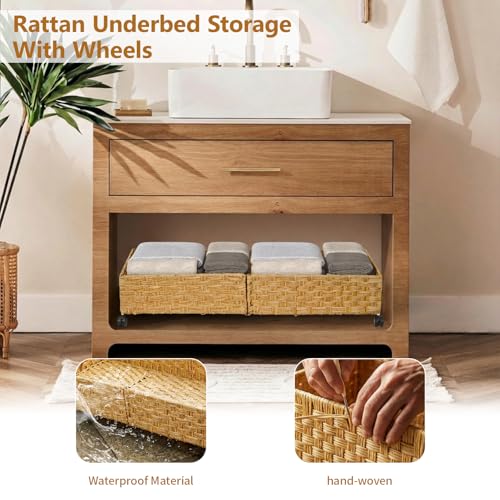 Under Bed Storage Containers with Wheels, 31.5” Large Handwoven Rattan Rolling UnderBed Storage Bins, Tool-free Assembly Natural Under The Bed Organizer Drawers for Bedroom, Sheets Clothes Blankets - style: 2 Pack(A-Natural)