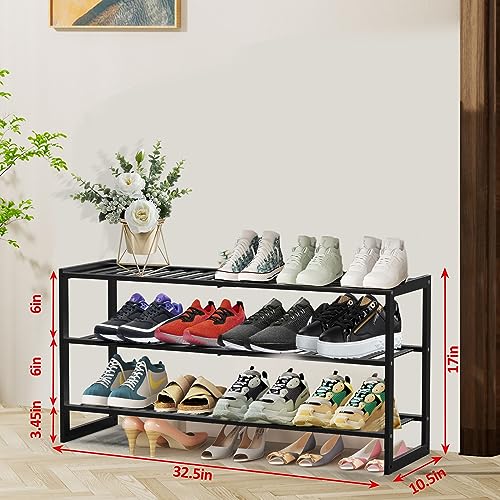 Jripae Bamboo Shoe Rack for Closet, 3 Tier 32.5inch Longer Shoe Organizer Shelf Holder Storage 12-15 Pairs Stackable for Entryway Door Hallway Bedroom Garage Space Saving Foldable Black - size: 3-tier-long/32.5*10.5*17in