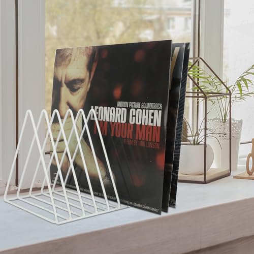 EASEPRES Vinyl Record Holder Storage, 9 Slot Metal Magazine Book Album Display Rack, Stylish Triangle Desktop File Sorter Organizer for Home Office, White - color: White