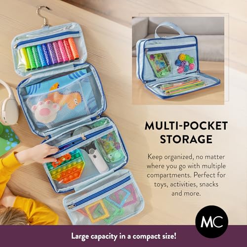 Kids Travel Organizer – Multi-Compartment, Water-Resistant Hanging Bag for Toys, Snacks, & Activities - Compact, Lightweight Design with Hook & Carry Handle - Perfect for Travel Use (Blue, Small) - color: Blue, size: Small
