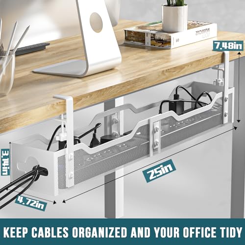 Under Desk Cable Management Tray White, Litwaro Cable Management Under Desk No Drill, 25'' Cable Tray with Clamp for Wire Management, Cord Organizer for Office, Home - No Damage to Table - color: White, size: 25"