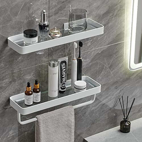 VOLPONE Bathroom Shelves Wall Mounted 2 Tier Glass Floating Shelf - Tempered Glass Wall Organizer (White) - color: White(rectangular)