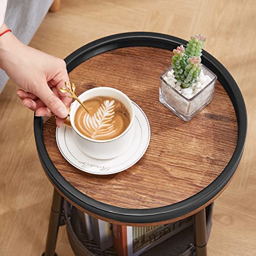 LEMONDA Small Round Side Table with Storage Basket, 11.8" Compact End Table with Tray Top & Fabric Bin, Rustic Wood Bedside Nightstand for Living Room, Bedroom, Small Spaces - color: Rustic Brown