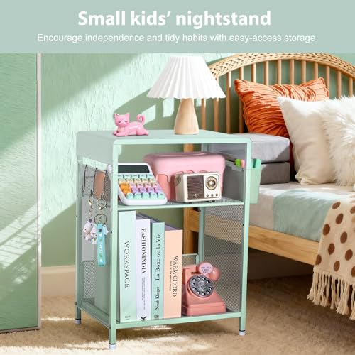ECOLOVI Kids Nightstand 19in High for Floor Beds, 3-Tier Metal Small Bedside Table with Adjustable Storage Shelf, Basket & 3 S-Hooks, Low Nightstand for Nursery, Toddler Bedroom (Green) - color: Green