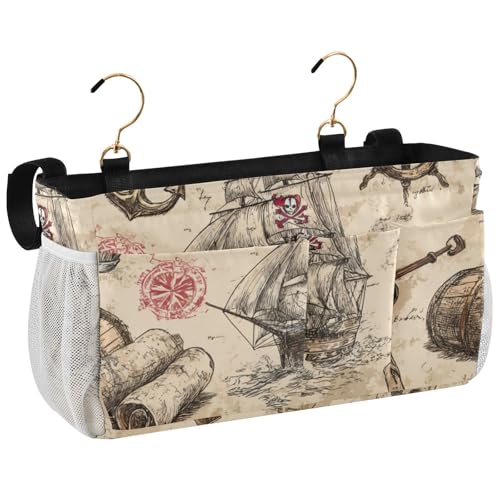Bedside Caddy Metal Frame Hanging Organizer Bunk Bed Dorm Accessories Hook And Loop Storage Bag Large Pockets Beige Anchor Sail Pirate - color: Beige Anchor Sail Pirate